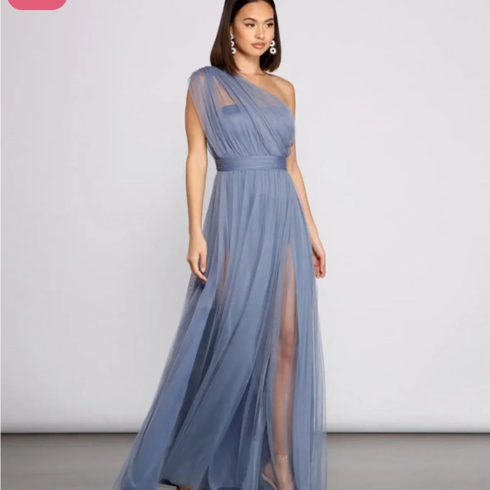 Windsor One-Shoulder Slate Blue Gown - Picture 2 of 8